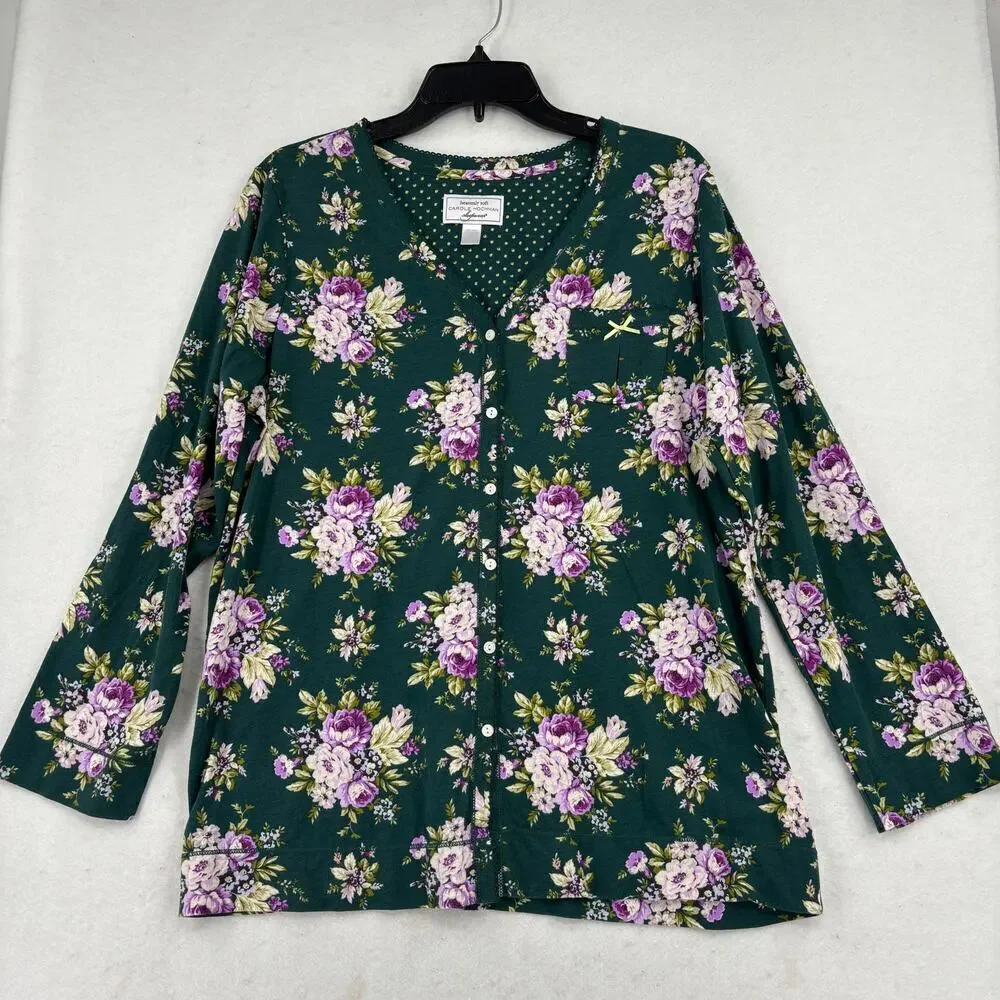 Carole Hochman 2 Piece Pajama Set Size M Green‎ Floral Heavenly Soft Sleepwear